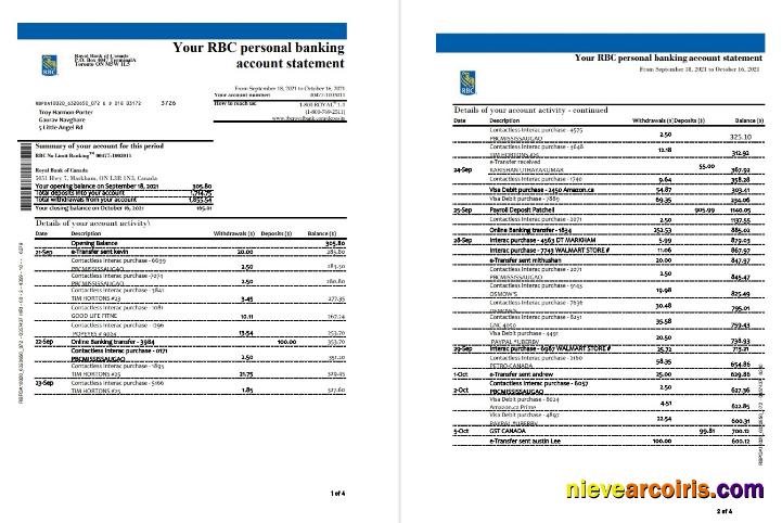 Canada Royal Bank of Canada (RBC) bank statement in .xls and .pdf file format (4 pages) (AutoSum)